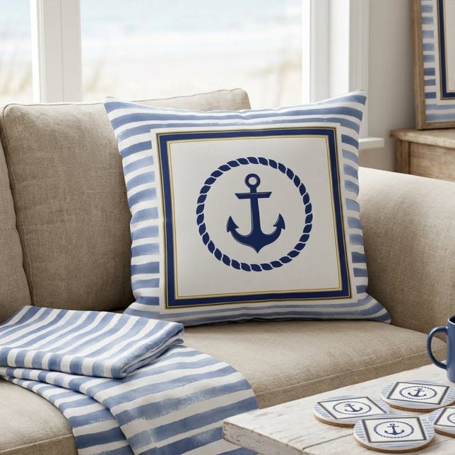Elegant Nautical Blue Anchor and Light Blue Stripe Kussen (Creator heeft geüpload)