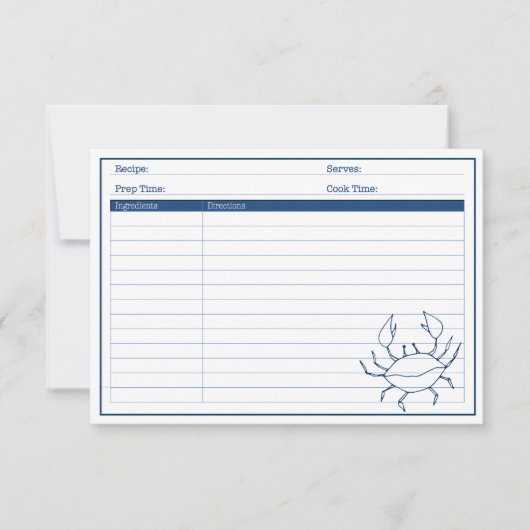 Elegant Nautical Blue Crab Seafood Recipe Kaart (Voorkant)