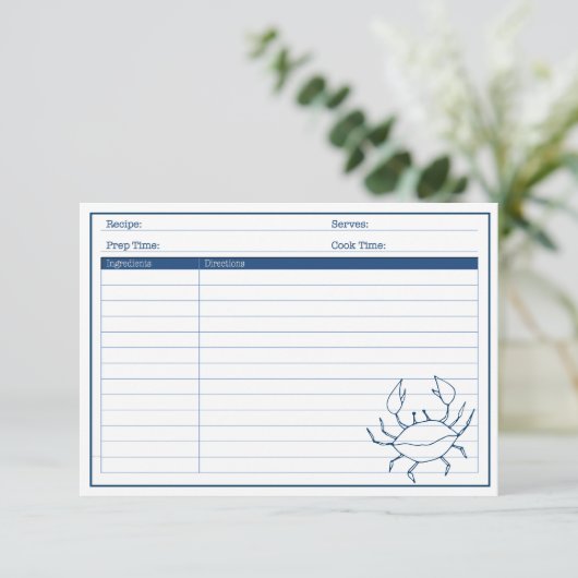 Elegant Nautical Blue Crab Seafood Recipe Kaart (Staand voorkant)
