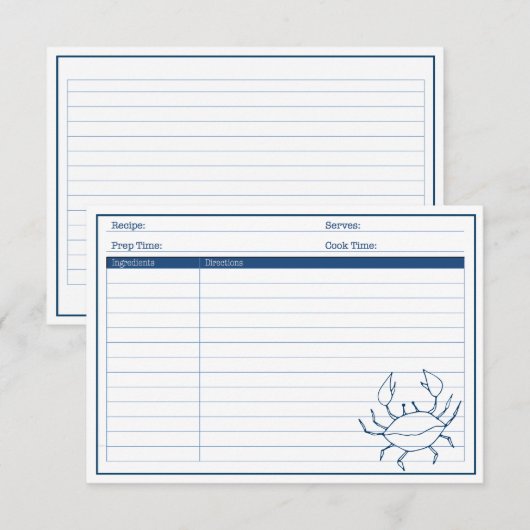 Elegant Nautical Blue Crab Seafood Recipe Kaart (Voorkant / Achterkant)