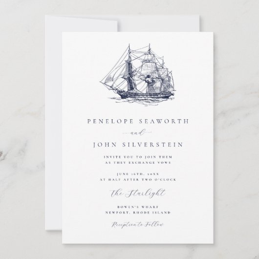 Elegant Nautical Boat Illustration Wedding Kaart (Voorkant)