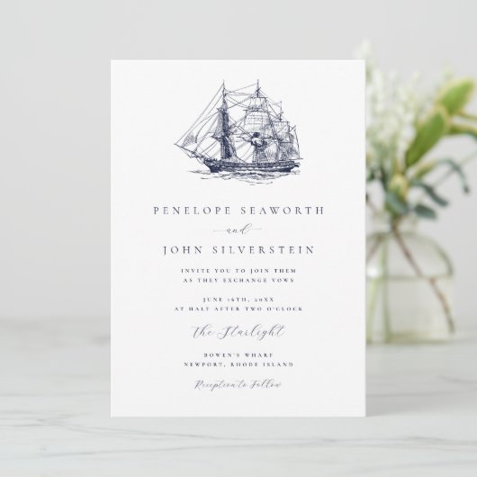 Elegant Nautical Boat Illustration Wedding Kaart (Staand voorkant)