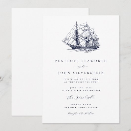 Elegant Nautical Boat Illustration Wedding Kaart (Voorkant / Achterkant)