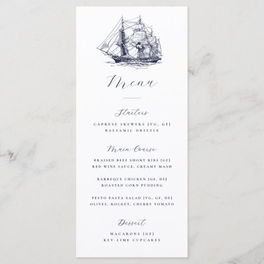 Elegant Nautical Boat Illustration Wedding Menu (Voorkant)