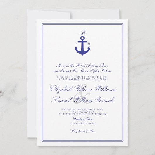 Elegant Nautical Clean Monogram Weddenschappen Inv Kaart (Voorkant)
