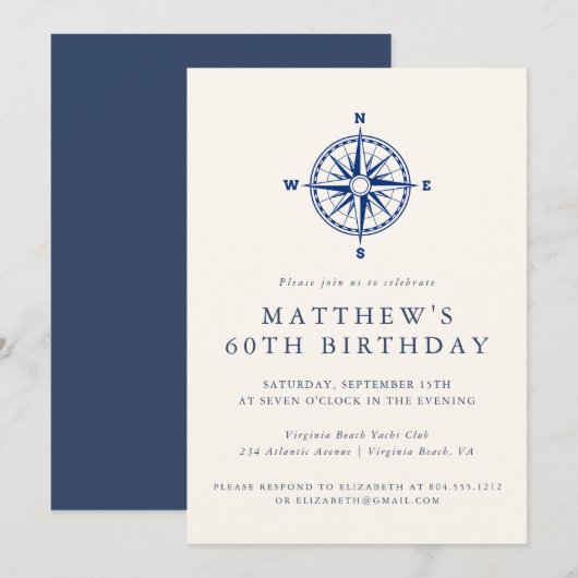 Elegant Nautical Compass Adult Birthday Party  Kaart (Voorkant / Achterkant)