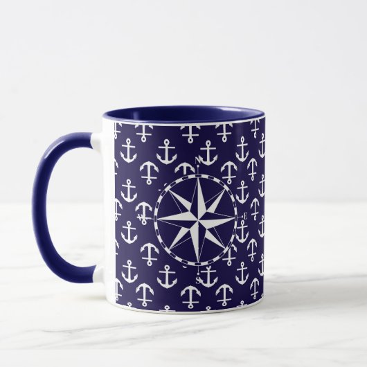Elegant Nautical Compass en Anchor Pattern Blue Mok (Links)