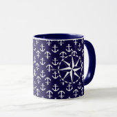 Elegant Nautical Compass en Anchor Pattern Blue Mok (Voorkant rechts)