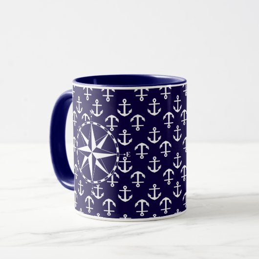 Elegant Nautical Compass en Anchor Pattern Blue Mok (Voorkant links)