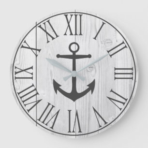 Elegant Nautical Faux White Wood & Grey Anchor Grote Klok