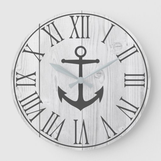 Elegant Nautical Faux White Wood & Grey Anchor Grote Klok (Voorkant)