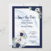 Elegant Nautical Floral Anchor Navy Blue Blush Save The Date (Voorkant)