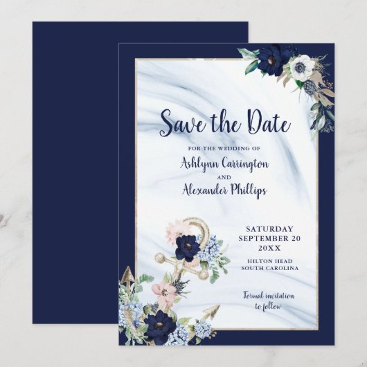 Elegant Nautical Floral Anchor Navy Blue Blush Save The Date (Voorkant / Achterkant)
