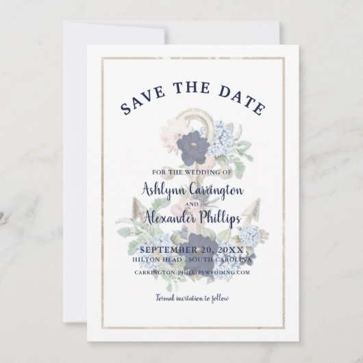 Elegant Nautical Floral Anchor Navy Blue Champagne Save The Date (Voorkant)