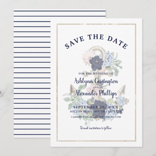 Elegant Nautical Floral Anchor Navy Blue Champagne Save The Date (Voorkant / Achterkant)