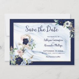 Elegant Nautical Floral Anchor Navy Blue Save The Date