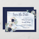 Elegant Nautical Floral Anchor Navy Blue Save The Date (Voorkant / Achterkant)