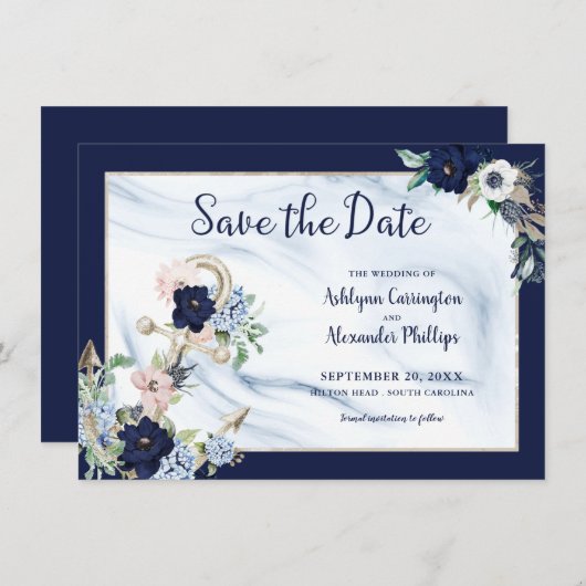 Elegant Nautical Floral Anchor Navy Blue Save The Date (Voorkant / Achterkant)