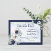Elegant Nautical Floral Anchor Navy Blue Save The Date (Staand voorkant)