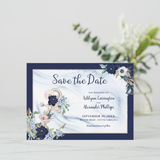 Elegant Nautical Floral Anchor Navy Blue Save The Date (Staand voorkant)