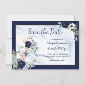 Elegant Nautical Floral Anchor Navy Blue Save The Date (Voorkant)