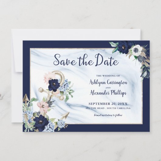 Elegant Nautical Floral Anchor Navy Blue Save The Date (Voorkant)