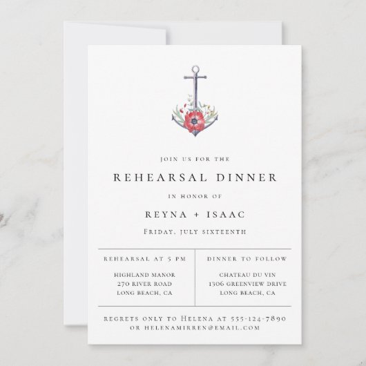 Elegant Nautical Floral Anchor Rehearsal Dinner Aankondiging (Voorkant)