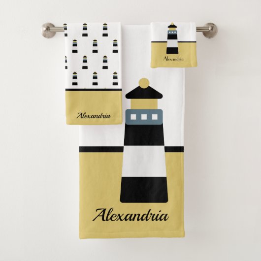 Elegant Nautical Gold en Black Striped Lighthouse Bad Handdoek (Insitu)