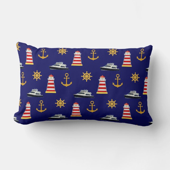 Elegant Nautical Icons op Navy Blue Kussen (Voorkant)