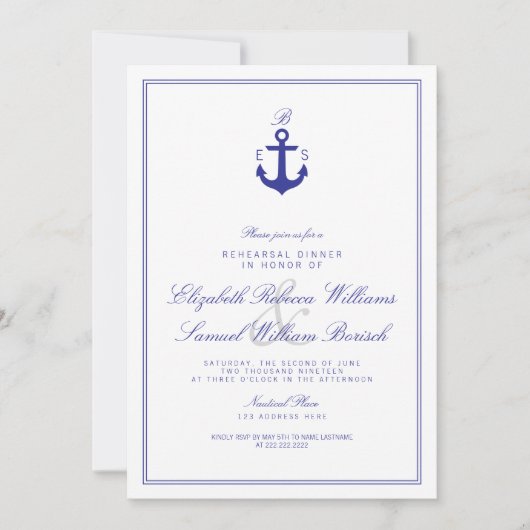 Elegant Nautical Monogram Rehearsal Dinner Invite Kaart (Voorkant)