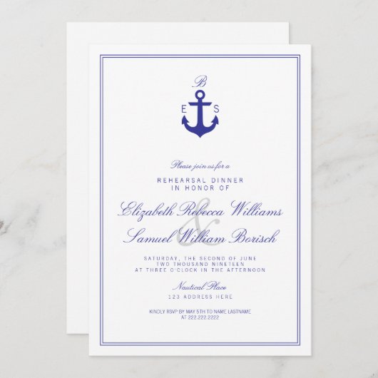 Elegant Nautical Monogram Rehearsal Dinner Invite Kaart (Voorkant / Achterkant)