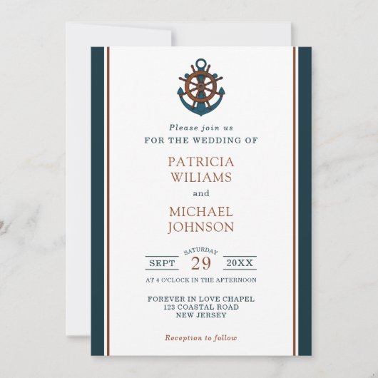 Elegant Nautical Navy Anker Bruiloft Kaart (Voorkant)