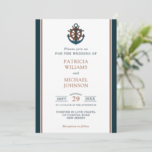 Elegant Nautical Navy Anker Bruiloft Kaart (Staand voorkant)