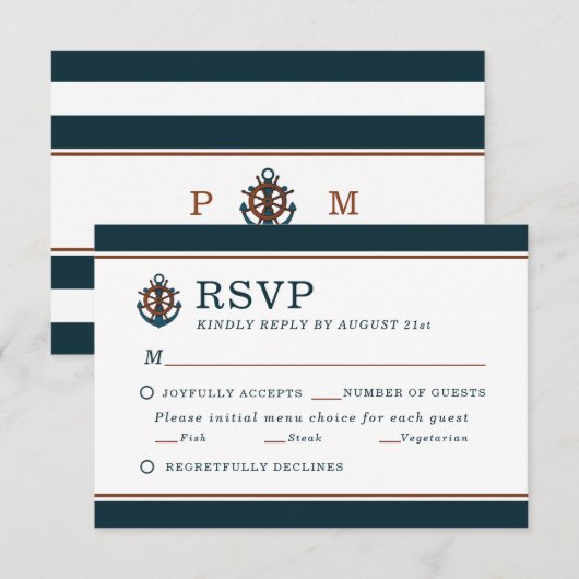Elegant Nautical Navy Anker Bruiloft RSVP Kaartje (Voorkant / Achterkant)