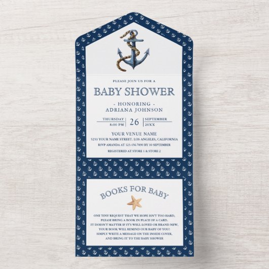 Elegant Nautical Navy Blue Anchor Baby shower All In One Uitnodiging (Binnen)