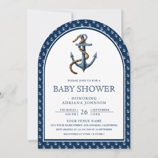 Elegant Nautical Navy Blue Anchor Baby shower Kaart (Voorkant)