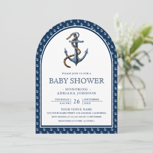 Elegant Nautical Navy Blue Anchor Baby shower Kaart (Staand voorkant)