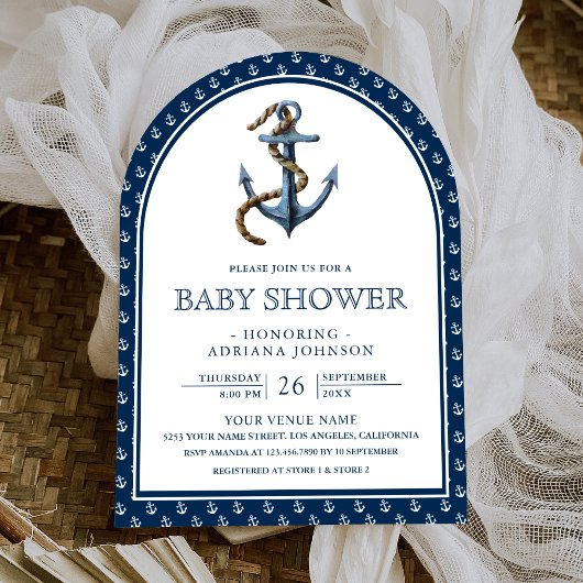 Elegant Nautical Navy Blue Anchor Baby shower Kaart