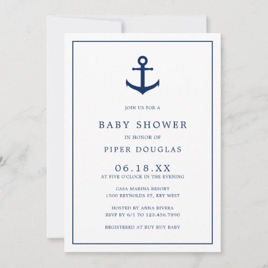 Elegant Nautical Navy Blue Anchor Boy Baby shower Kaart (Voorkant)