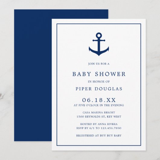 Elegant Nautical Navy Blue Anchor Boy Baby shower Kaart (Voorkant / Achterkant)