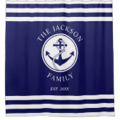 Elegant Nautical Navy Blue Anchor Familienaam Douchegordijn (Voorkant)