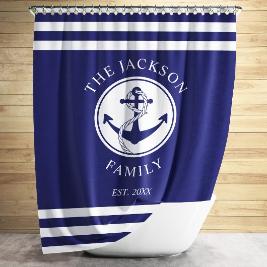 Elegant Nautical Navy Blue Anchor Familienaam Douchegordijn