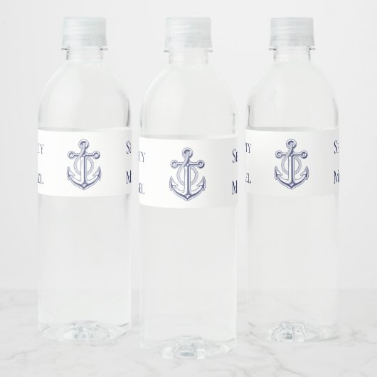 Elegant Nautical Navy Blue Anchor Wedding Waterfles Etiket (Flessen)