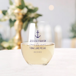 Elegant Nautical Navy Blue Anchor Wedding Wijnglas Zonder Voet