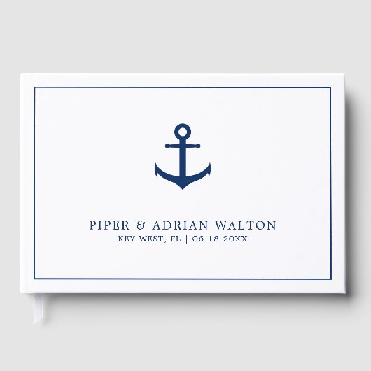 Elegant Nautical Navy Blue White Anchor Wedding Gastenboek (Voorkant)