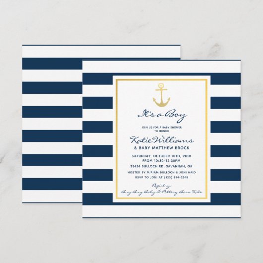 Elegant Nautical Navy en Gold Anker Baby shower Kaart (Voorkant / Achterkant)