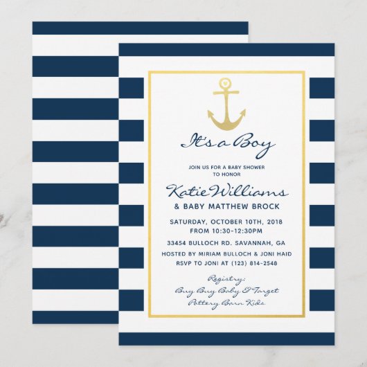 Elegant Nautical Navy en Gold Boy Baby shower Kaart (Voorkant / Achterkant)