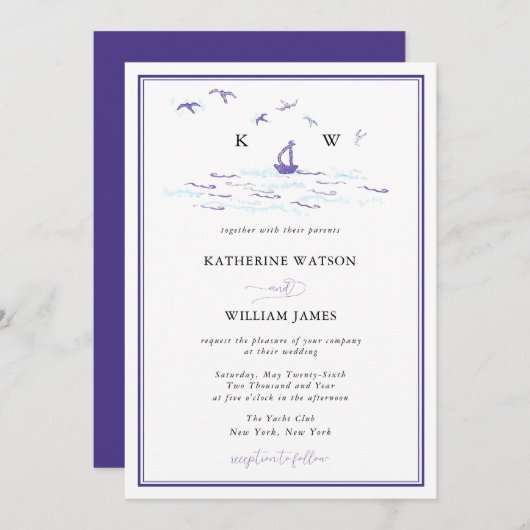 Elegant Nautical Ocean Sailboat Ink Print Wedding Kaart (Voorkant / Achterkant)