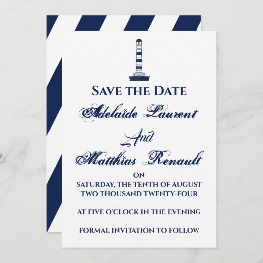 Elegant Nautical Save the Date - Navy Blue, Kaart (Voorkant / Achterkant)
