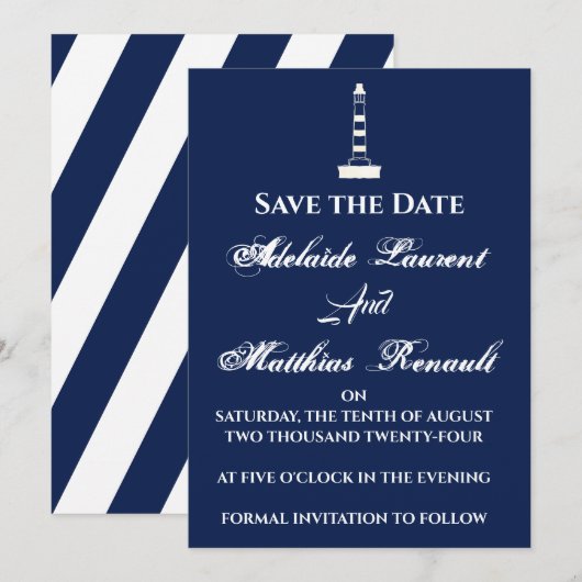 Elegant Nautical Save the Date - Navy Blue, Kaart (Voorkant / Achterkant)